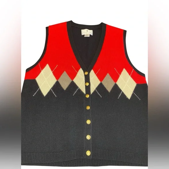 Vintage Chandler Hill Button Up Sweater Vest Argyle Women’s Size L Black Red Tan - Picture 2 of 7